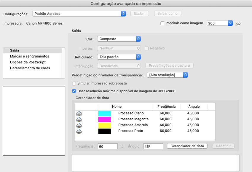 Caixa de diálogo Configuração avançada da impressora