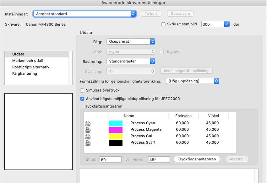 Dialogrutan Avancerade skrivarinställningar