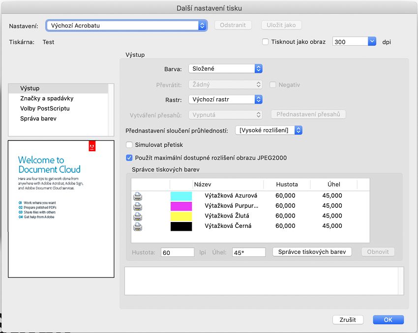 Dialogové okno Rozšířené nastavení tiskárny