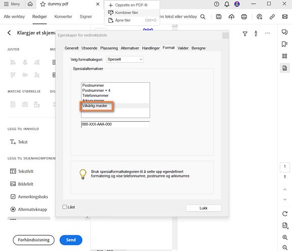 Vilkårlig maske-oppføring i Acrobat