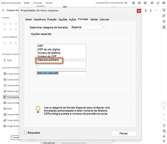 Entrada de máscara arbitrária no Acrobat