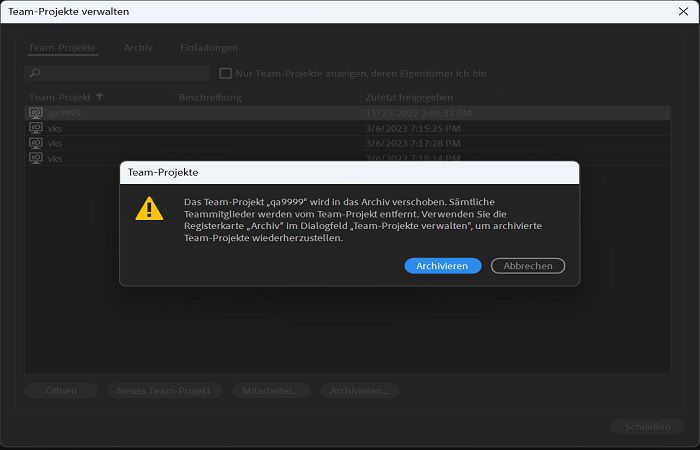 Verschieben eines Team-Projekts ins Archiv