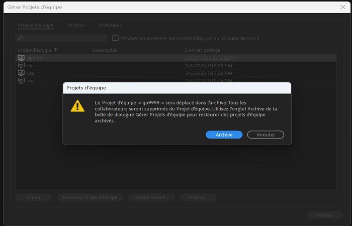 Déplacement d’un projet d’équipe pour l’archivage