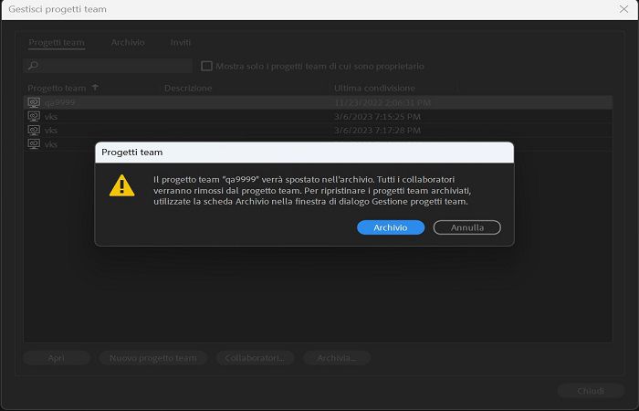 Spostare un progetto team in Archivio