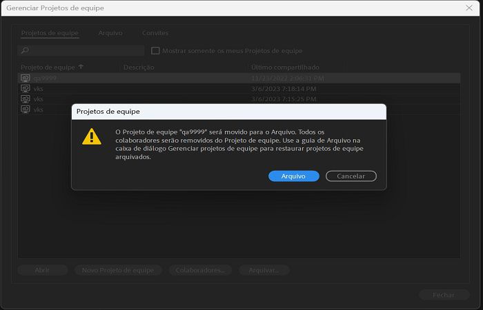 Mover um projeto de equipe para o Arquivo