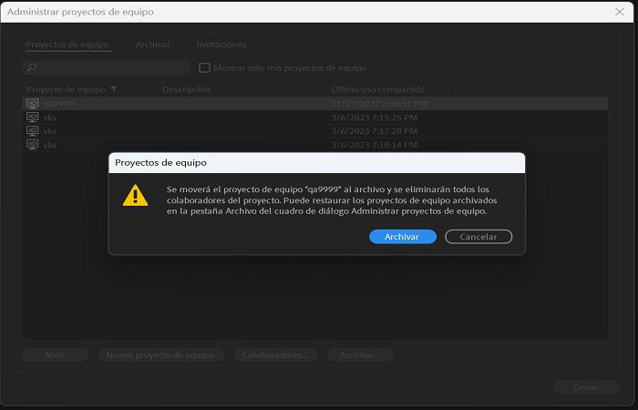 Traslado de un proyecto de equipo al archivo