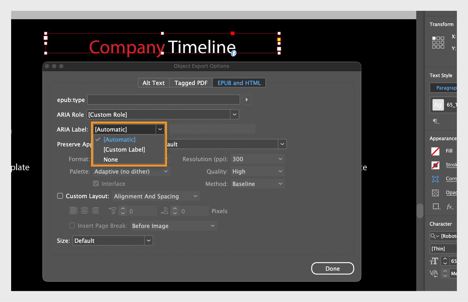 螢幕擷圖顯示「物件轉存選項」對話框，其中強調顯示「ARIA 標籤」下拉式選單選項。