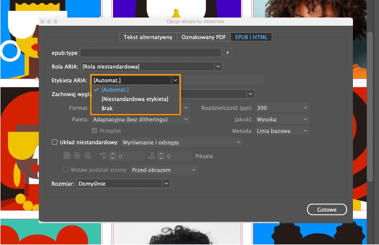 Zrzut ekranu przedstawiający okno dialogowe Opcje eksportu obiektów z podświetlonymi opcjami listy rozwijanej Etykieta ARIA.