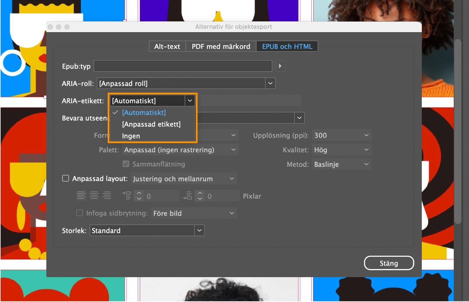 En skärmbild som visar dialogrutan Alternativ för objektexport med alternativen i rullgardinsmenyn ARIA-etikett markerade.