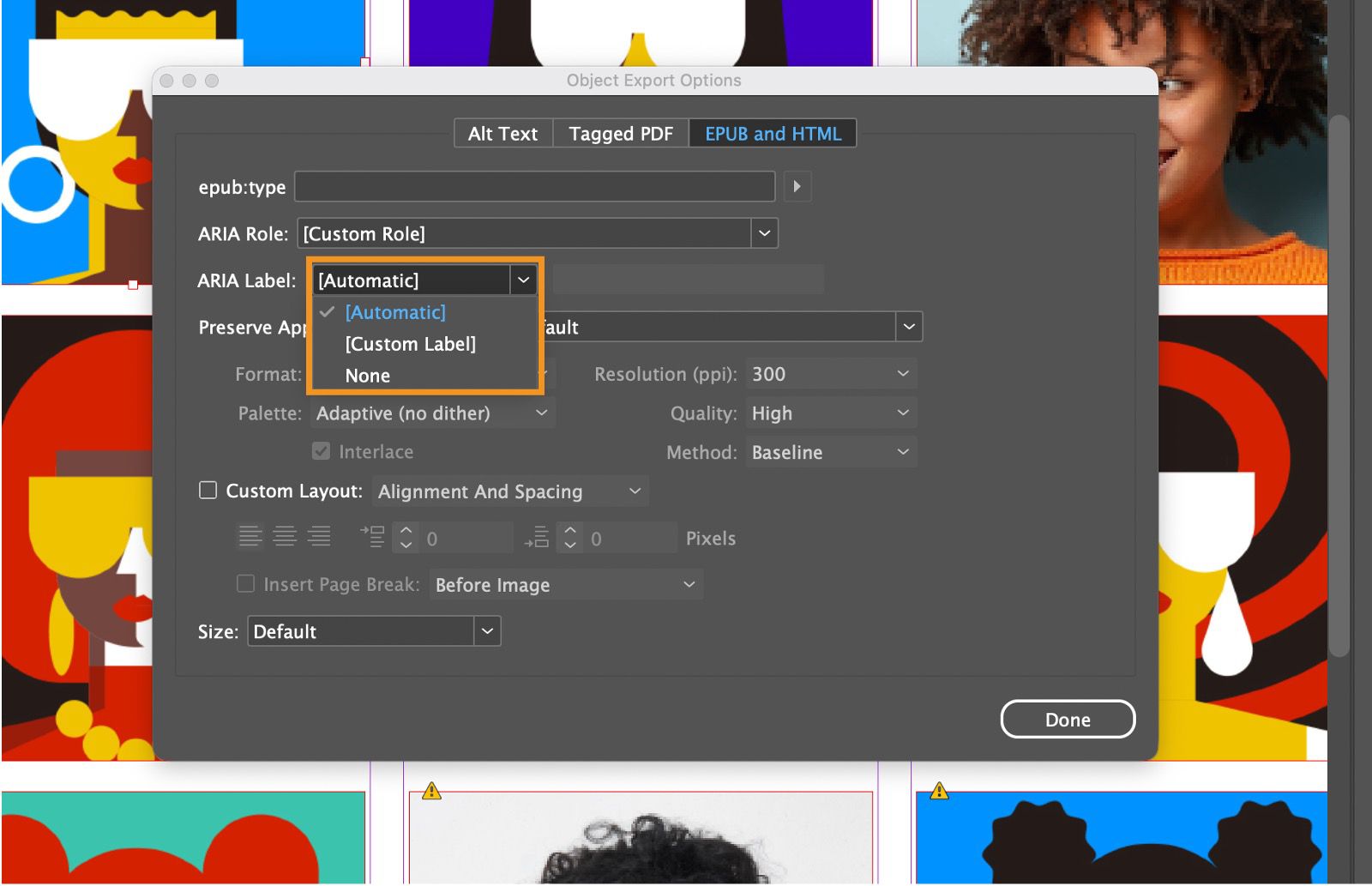 لقطة شاشة تُظهر مربع الحوار Object Export Options مع تمييز خيارات القائمة المنسدلة ARIA Label.