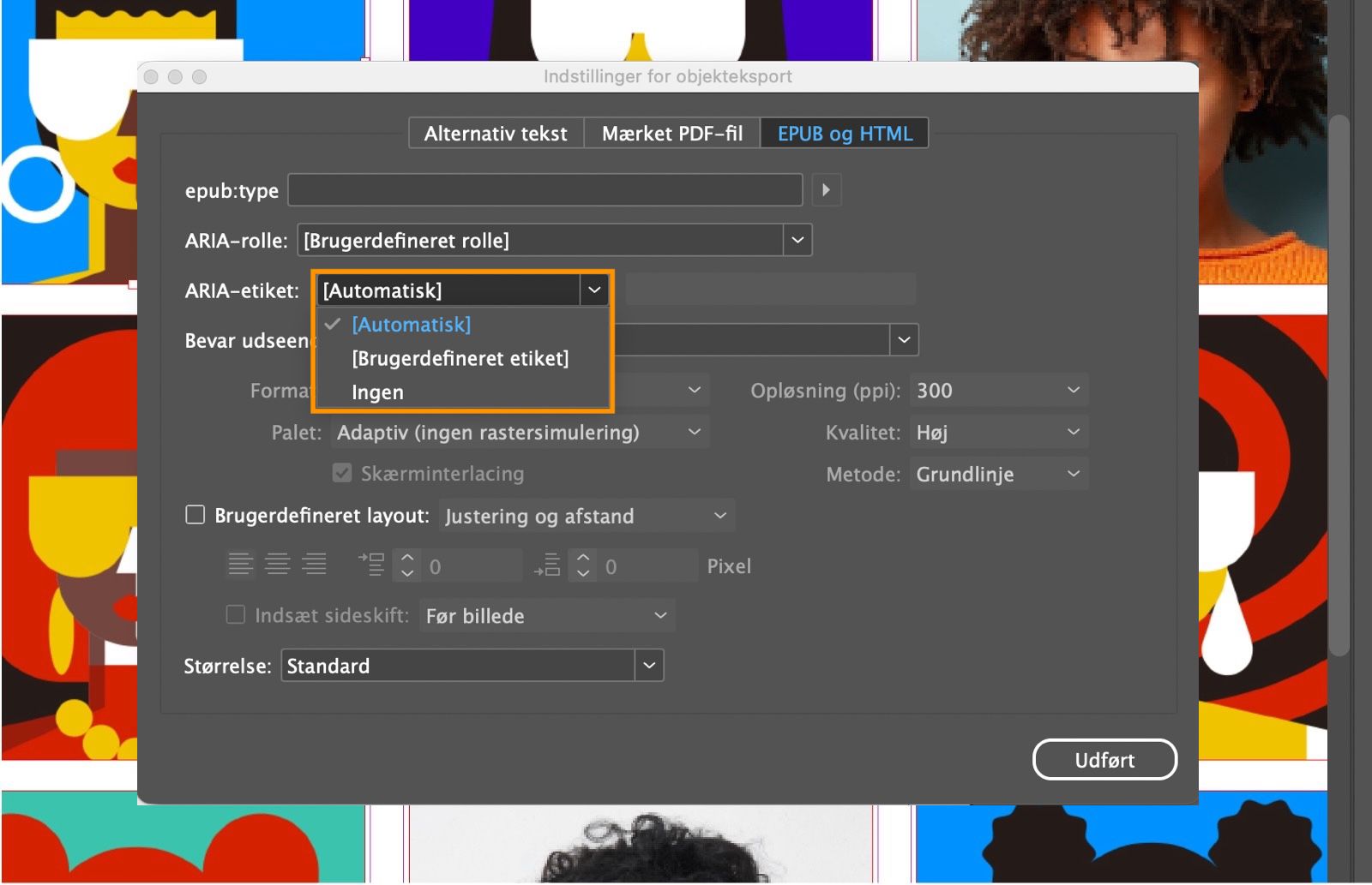 Et skærmbillede, der viser dialogboksen Indstillinger for objekteksport med rullemenuen ARIA-etiket fremhævet.