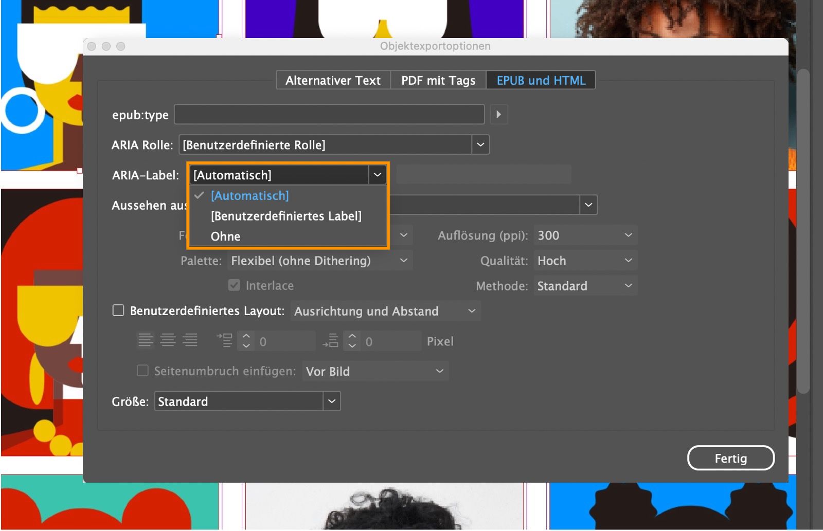 Ein Screenshot, der das Dialogfeld „Objektexportoptionen“ mit dem Dropdown-Menü „ARIA-Label“ und den darin hervorgehobenen Optionen zeigt.