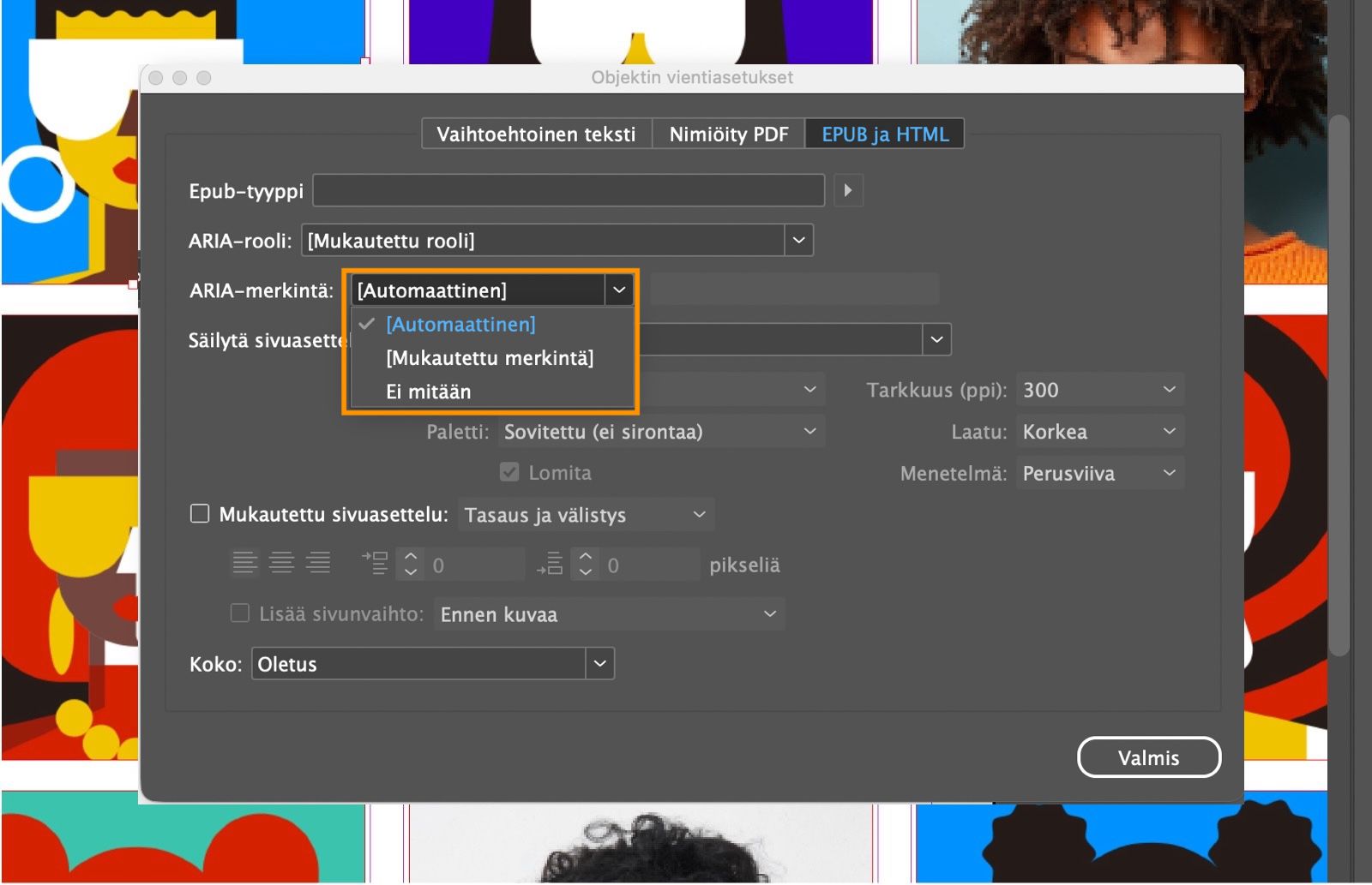 Näyttökuva Objektin vientiasetukset -valintaikkunasta, jossa ARIA-merkintä -pudotusvalikon vaihtoehdot on korostettu.