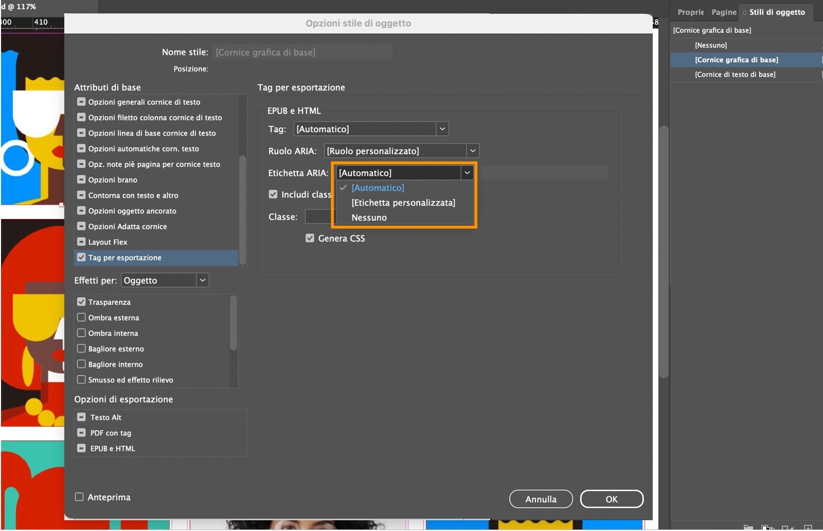 Schermata che mostra la finestra di dialogo Stili oggetto in cui sono evidenziate le opzioni del menu a discesa Etichetta ARIA.