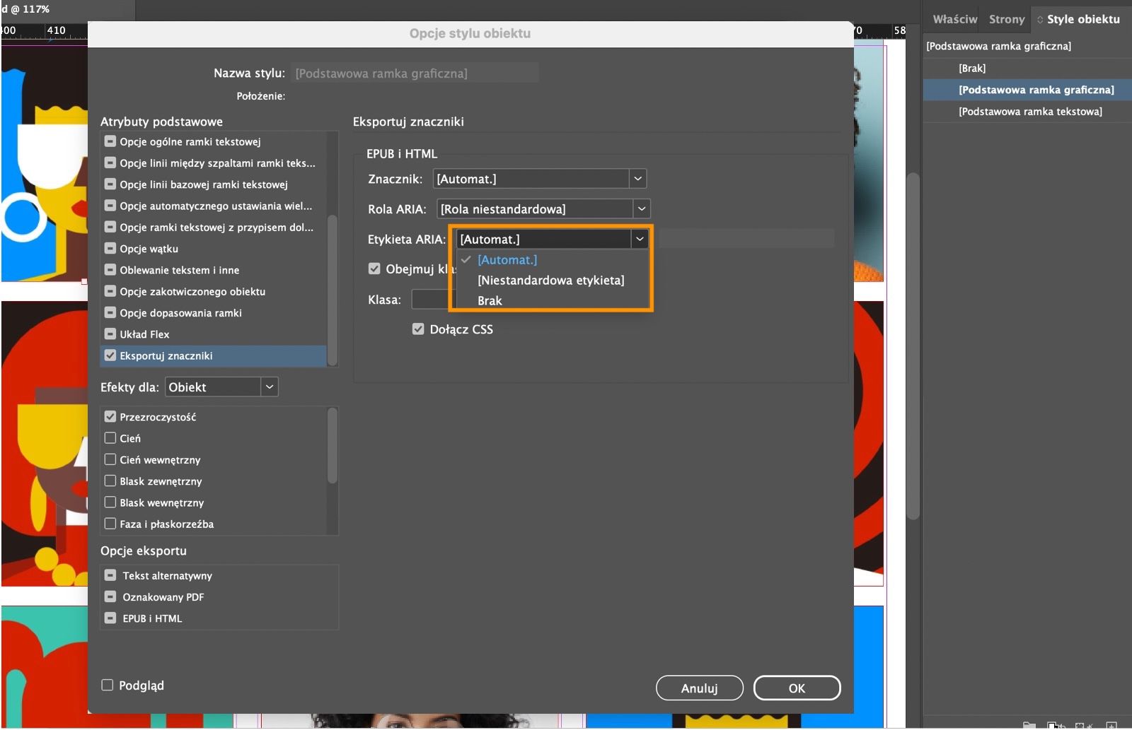 Zrzut ekranu przedstawiający okno dialogowe Style obiektów z podświetlonymi opcjami listy rozwijanej Etykieta ARIA.