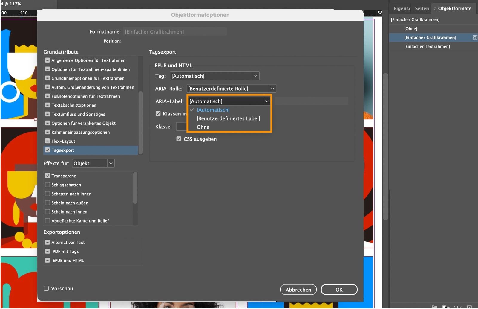 Ein Screenshot, der das Dialogfeld „Objektformate“ mit dem Dropdown-Menü „ARIA-Label“ und den darin hervorgehobenen Optionen zeigt.