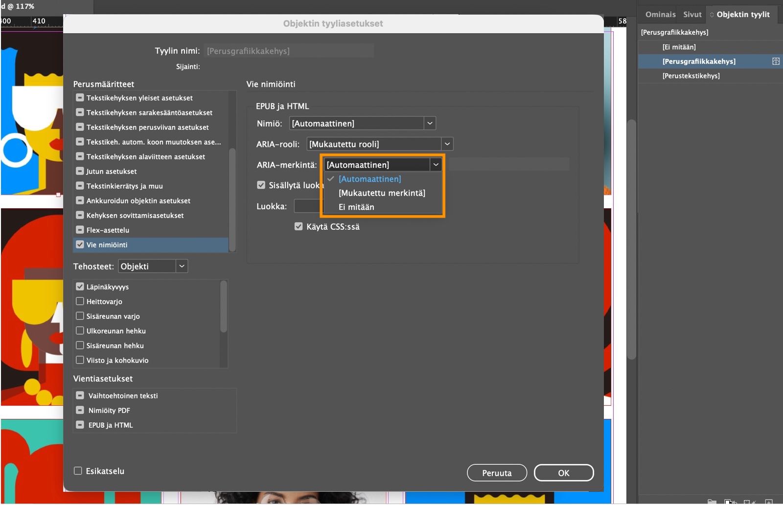 Näyttökuva Objektityylit-valintaikkunasta, jossa ARIA-merkintä-pudotusvalikon vaihtoehdot on korostettu.