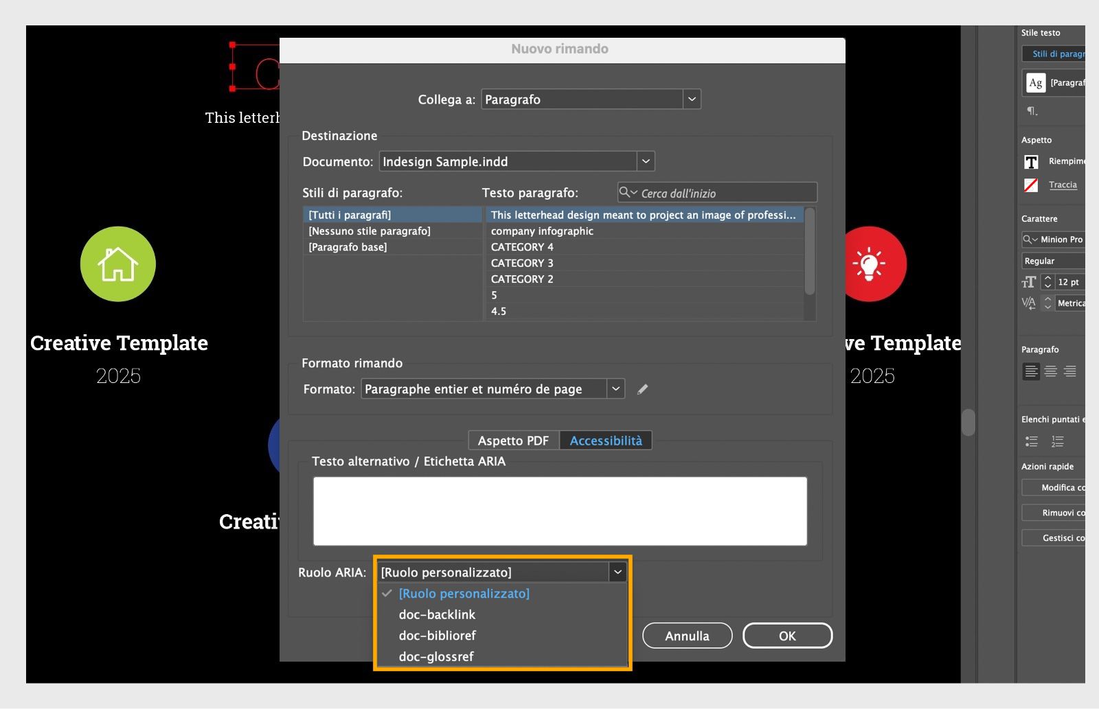 Schermata che mostra la finestra di dialogo Nuovo riferimento incrociato in cui sono evidenziate le opzioni del menu a discesa Ruolo ARIA.