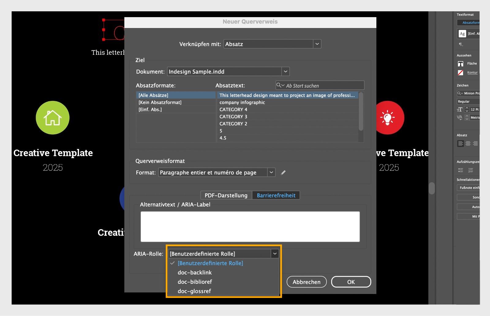 Ein Screenshot, der das Dialogfeld „Neuer Querverweis“ mit dem Dropdown-Menü „ARIA-Rolle“ und den darin hervorgehobenen Optionen zeigt.