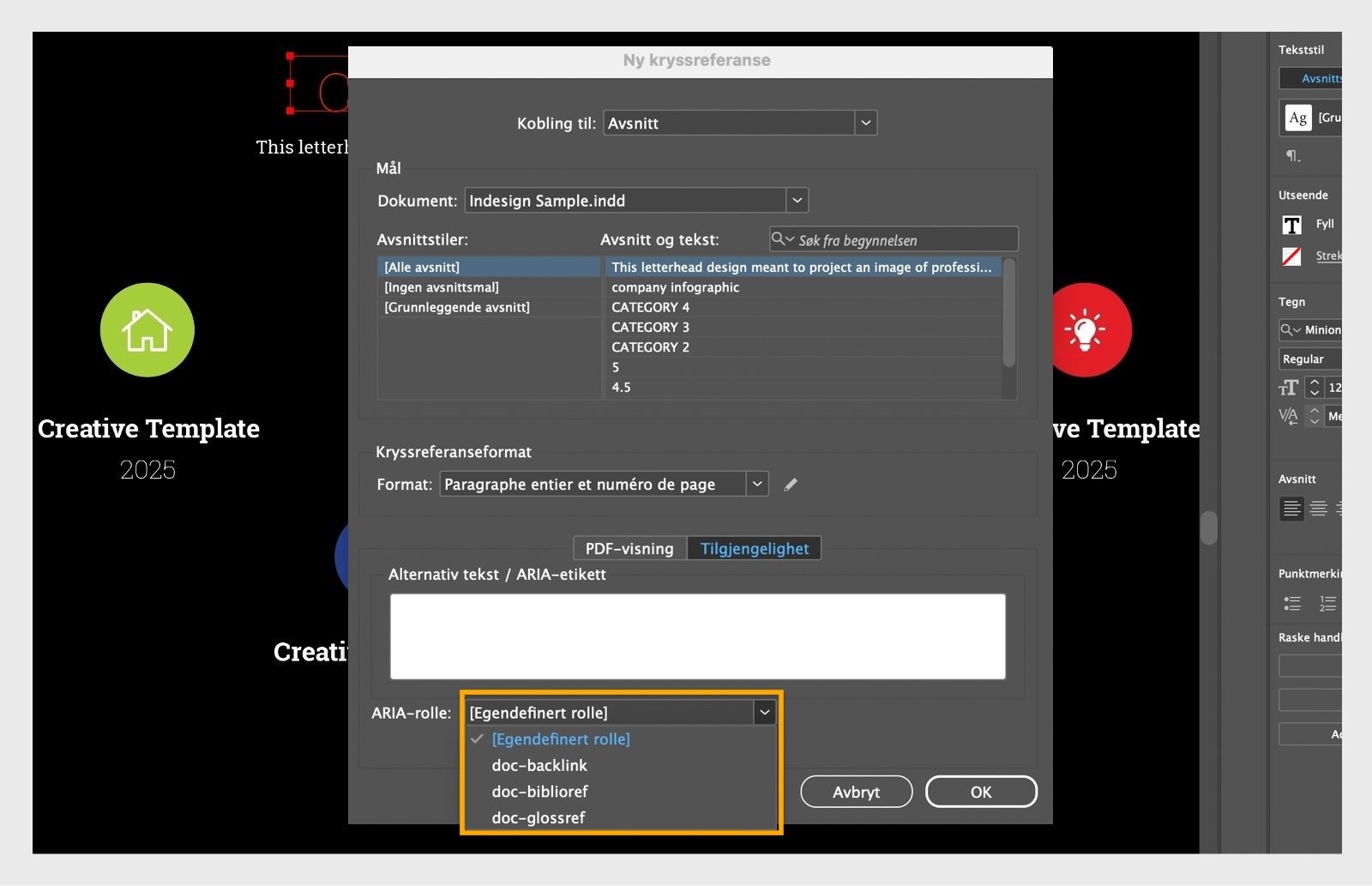 Et skjermbilde som viser dialogboksen Ny kryssreferanse med rullegardinmenyen for ARIA-rolle uthevet.