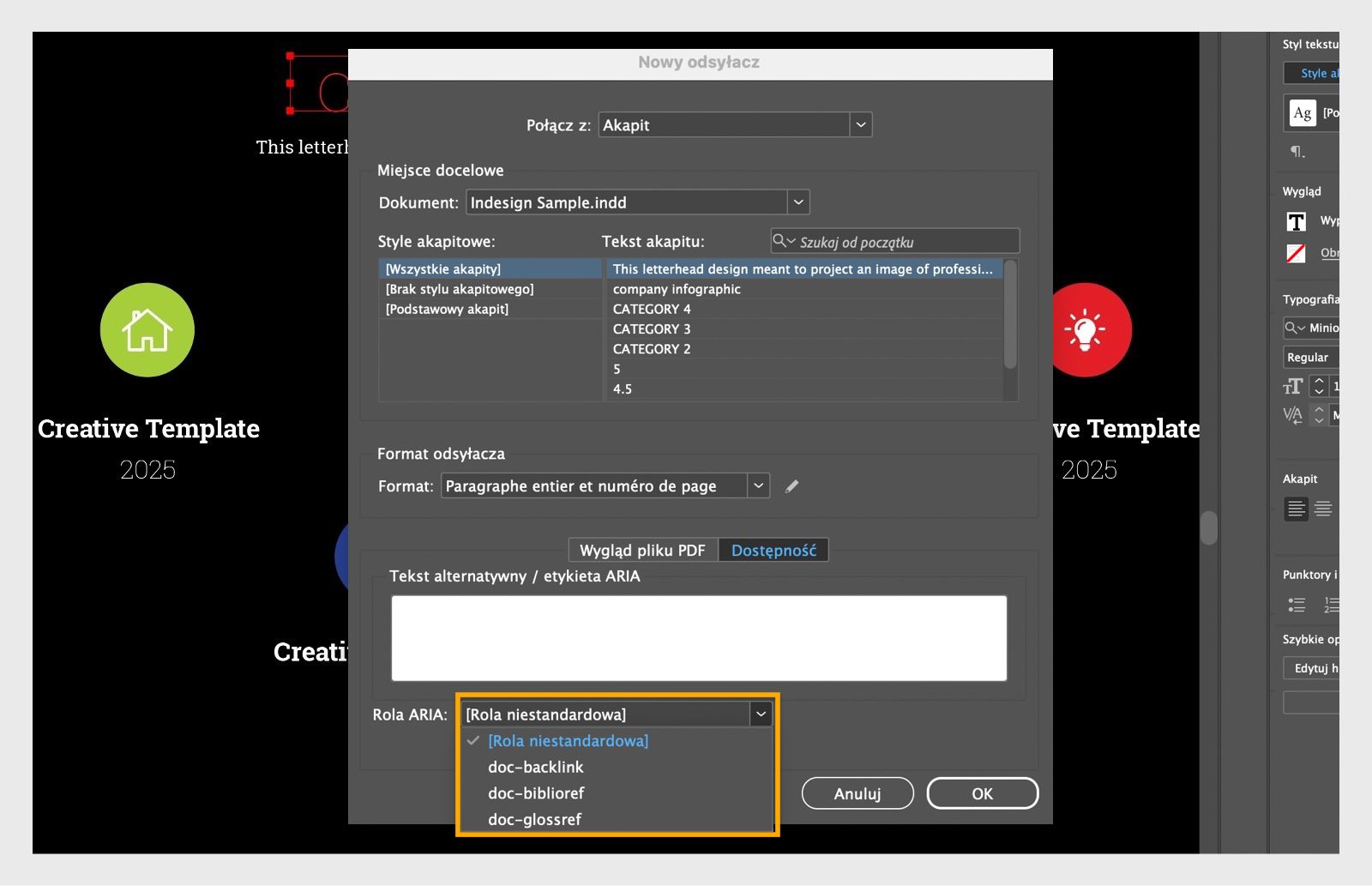 Zrzut ekranu przedstawiający okno dialogowe Nowy odsyłacz z podświetlonymi opcjami listy rozwijanej Rola ARIA.