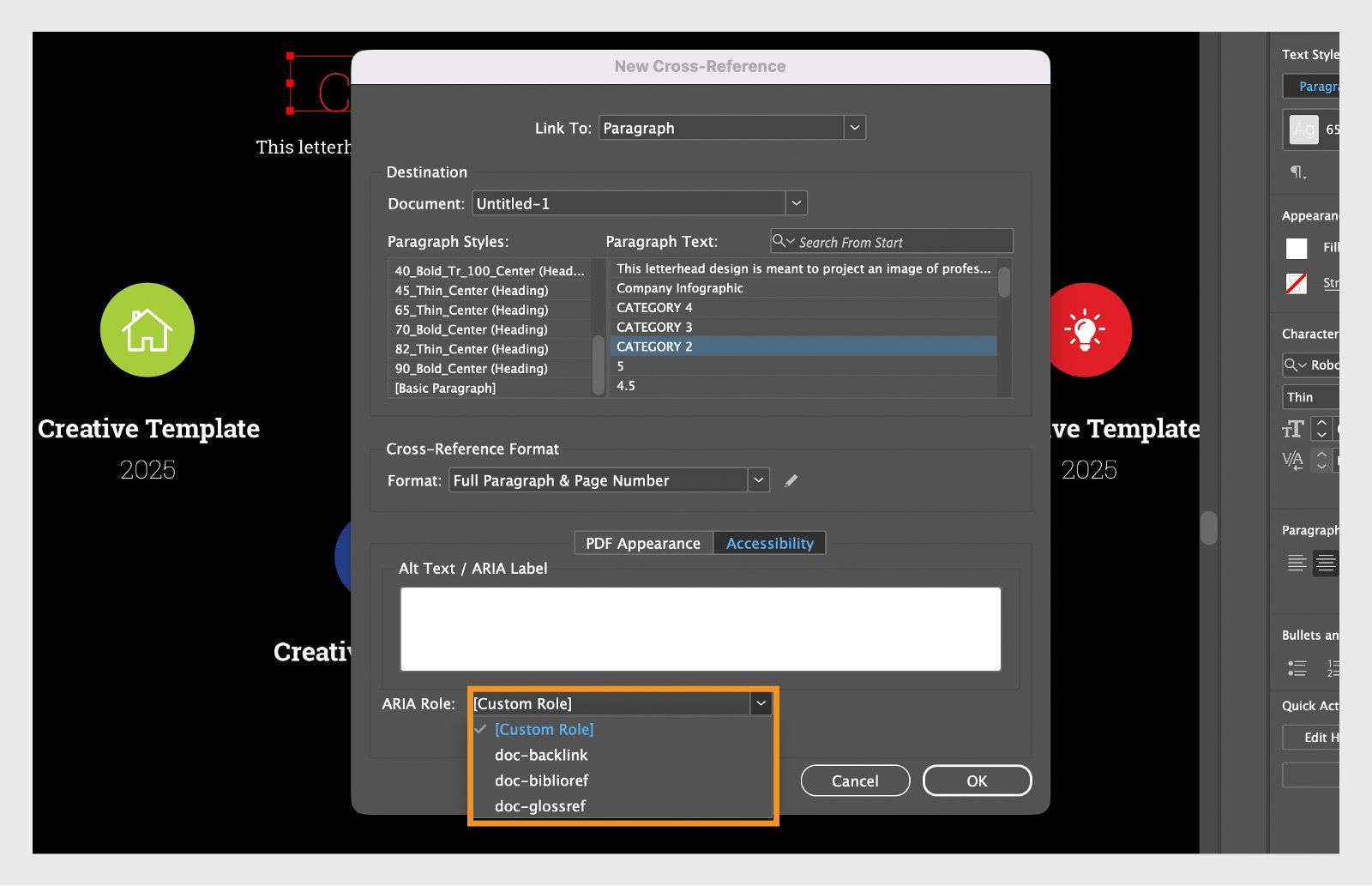 צילום מסך המציג את תיבת הדו-שיח New Cross-Reference עם אפשרויות התפריט הנפתח של ARIA Role מודגשים.
