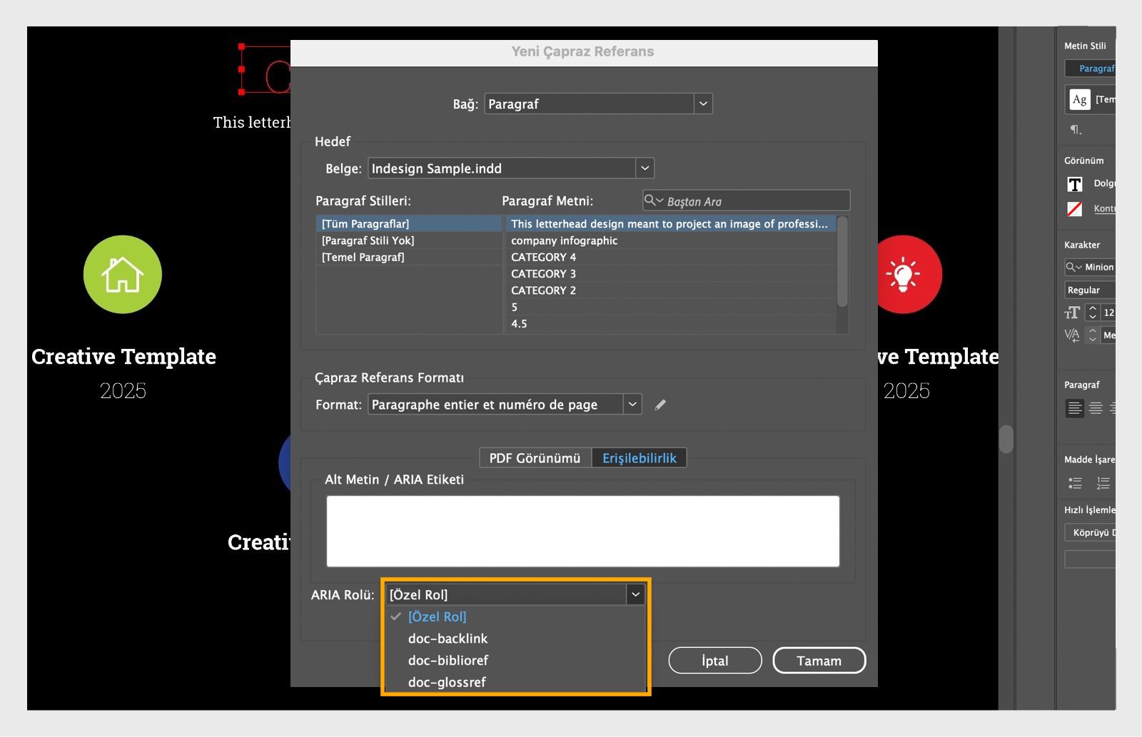 ARIA Rolü açılır menü seçenekleri vurgulanmış Yeni Çapraz Referans iletişim kutusunu gösteren ekran görüntüsü.