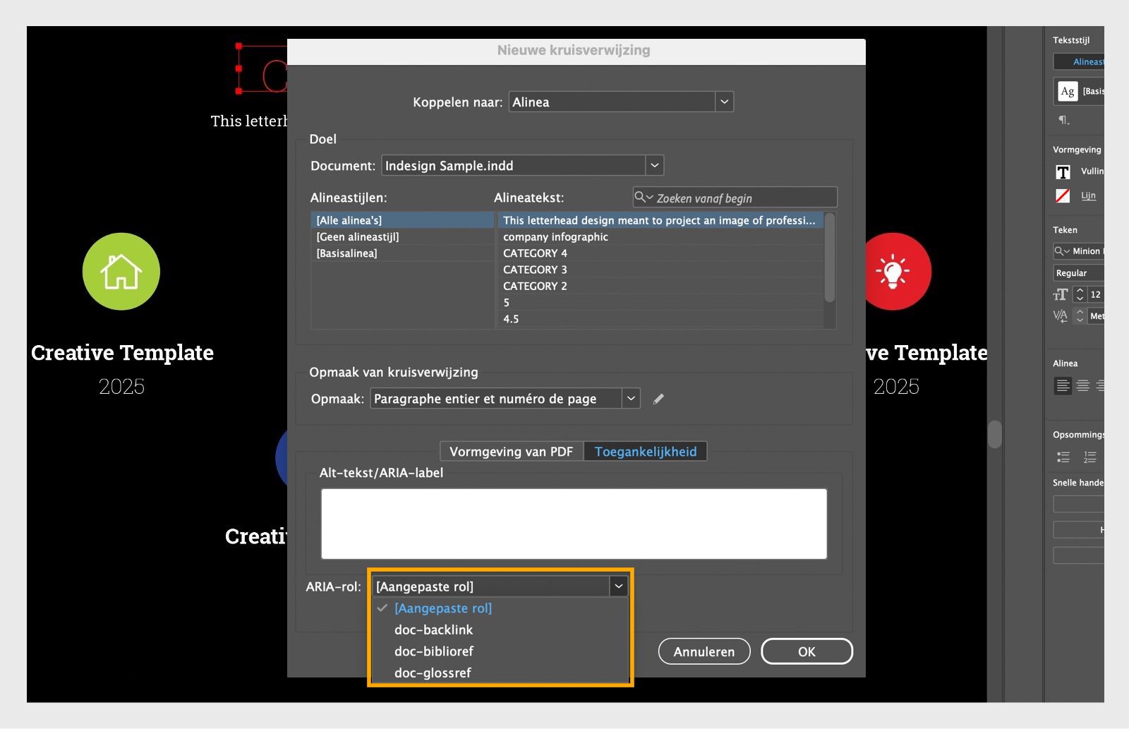 Een schermafbeelding van het dialoogvenster Nieuwe kruisverwijzing met de opties in het vervolgkeuzemenu ARIA-rol gemarkeerd.