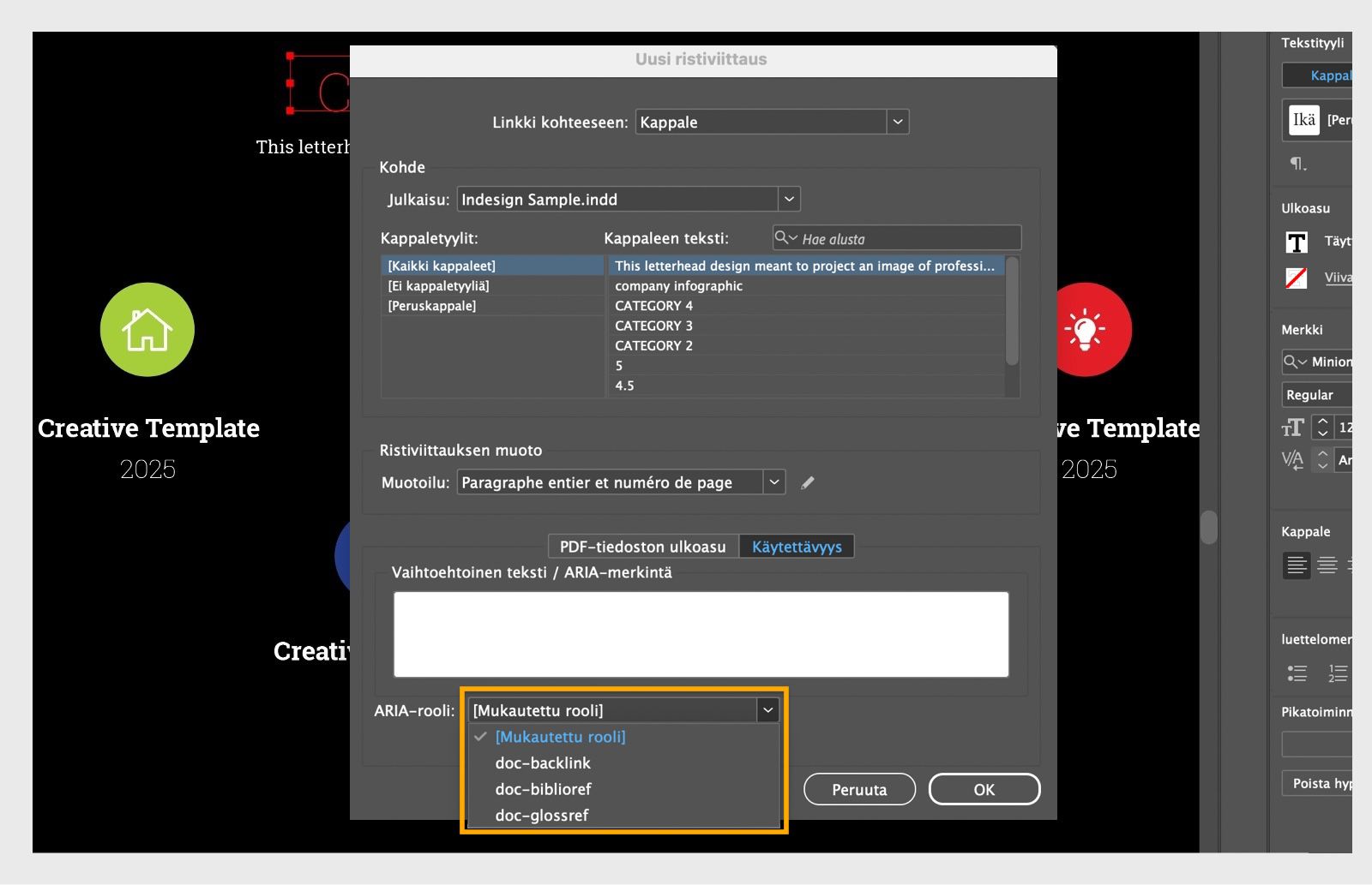 Näyttökuva Uusi ristiviittaus -valintaikkunasta, jossa ARIA-rooli-pudotusvalikon vaihtoehdot on korostettu.