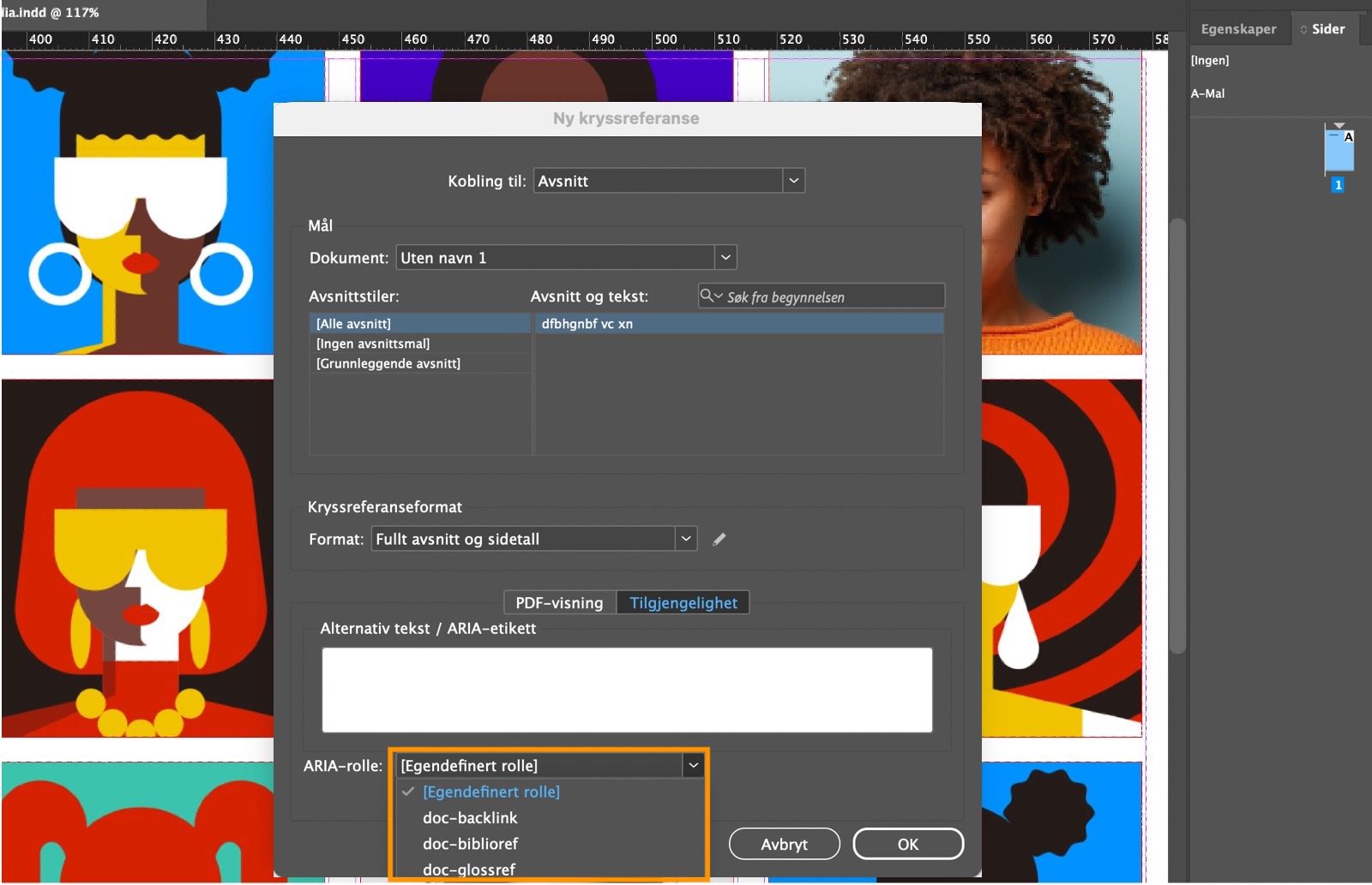 Et skjermbilde som viser dialogboksen Ny kryssreferanse med rullegardinmenyen for ARIA-rolle uthevet.