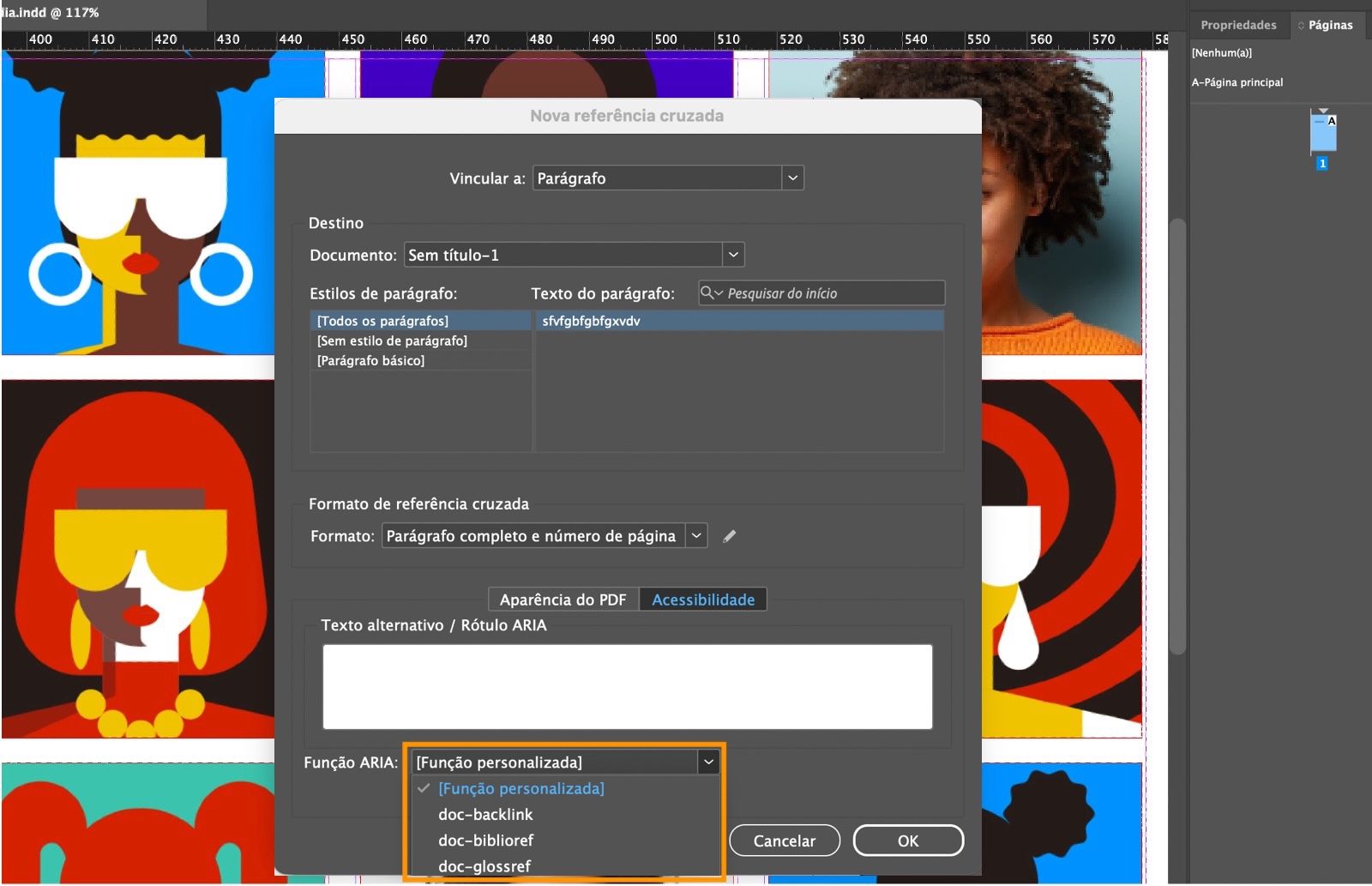 Uma captura de tela mostrando a caixa de diálogo Nova referência cruzada com as opções do menu suspenso Função ARIA destacadas.