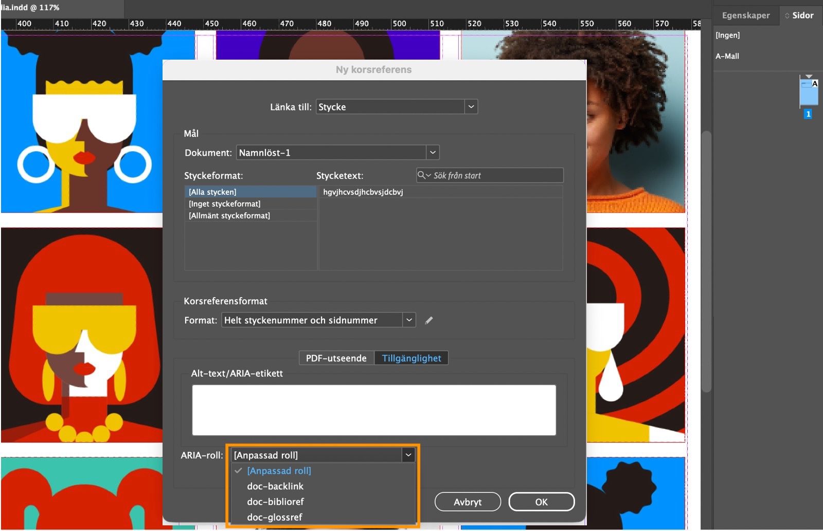 En skärmbild som visar dialogrutan Ny korsreferens med alternativen i rullgardinsmenyn ARIA-roll markerade.