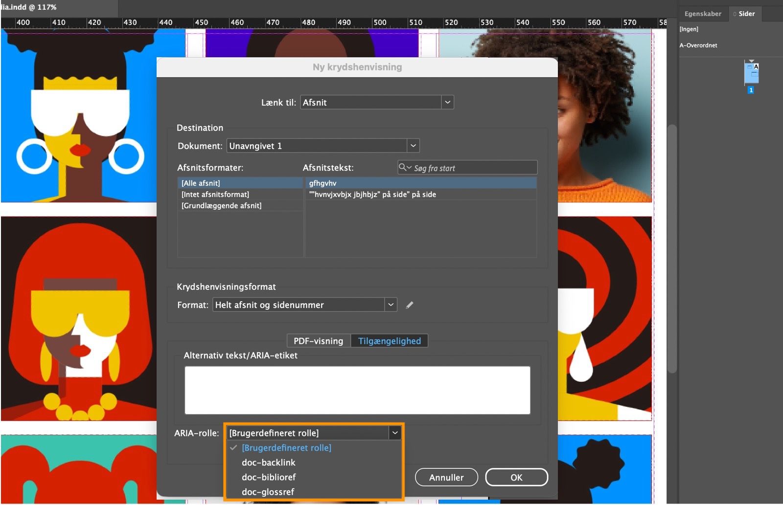 Et skærmbillede, der viser dialogboksen Ny krydshenvisning med rullemenuen ARIA-rolle fremhævet.