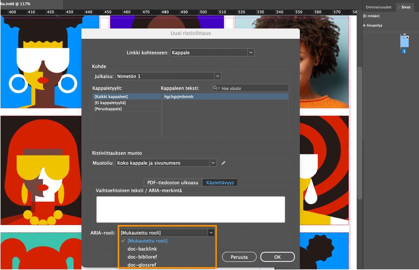 Näyttökuva Uusi ristiviittaus -valintaikkunasta, jossa ARIA-rooli-pudotusvalikon vaihtoehdot on korostettu.