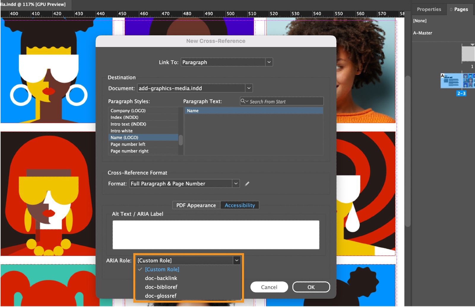 A screenshot showing the New Cross-Reference dialog with the ARIA Role dropdown options highlighted.