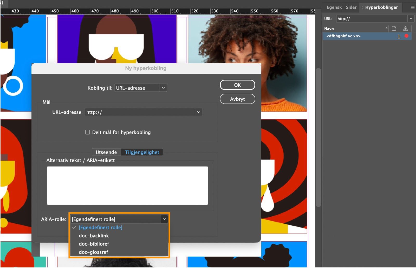 Et skjermbilde som viser dialogboksen Ny hyperkobling med rullegardinmenyen for ARIA-rolle uthevet.
