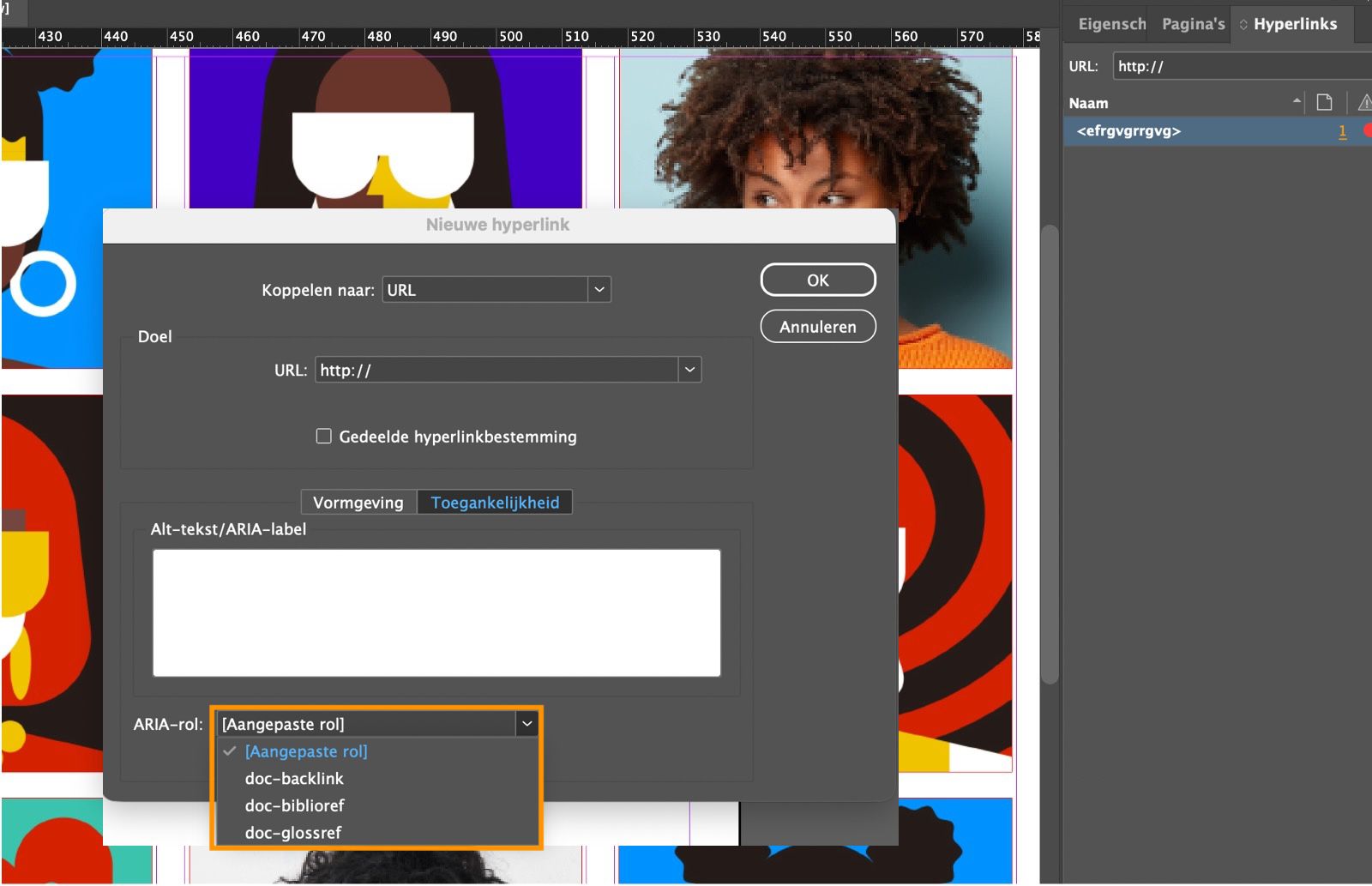 Een schermafbeelding van het dialoogvenster Nieuwe hyperlink met de opties in het vervolgkeuzemenu ARIA-rol gemarkeerd.