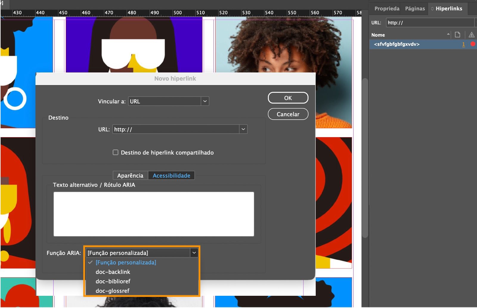 Uma captura de tela mostrando a caixa de diálogo Novo hiperlink com as opções suspensas da função ARIA destacadas.
