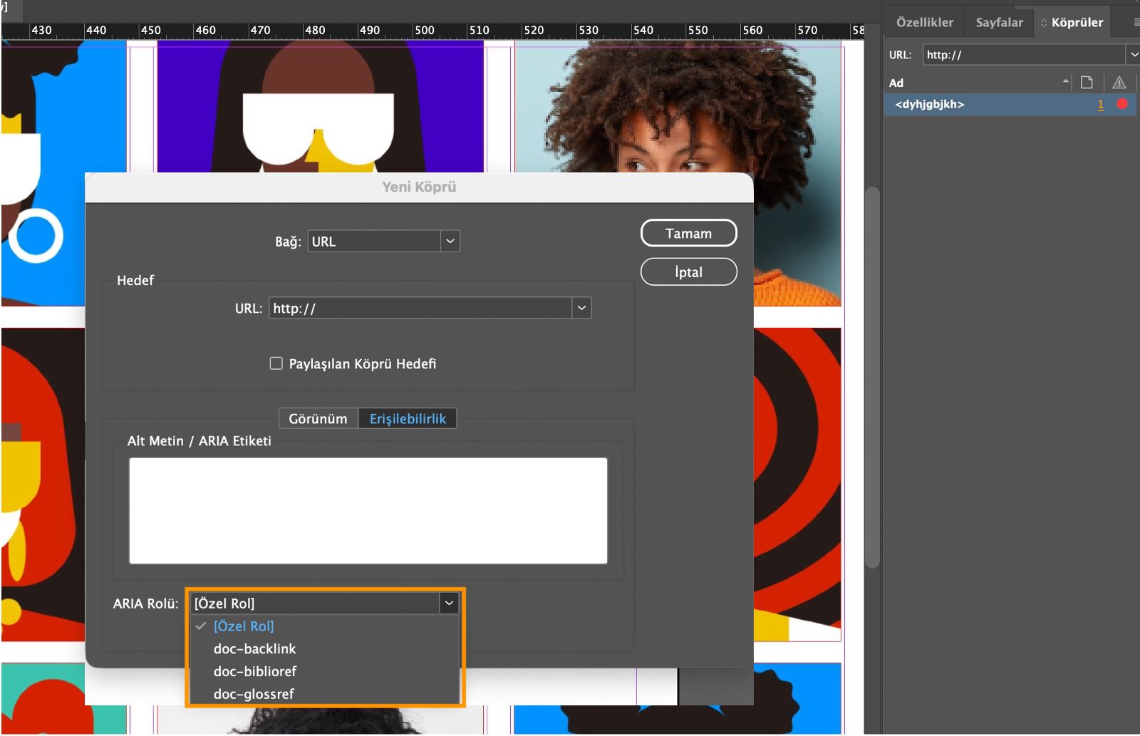 ARIA Rolü açılır menü seçenekleri vurgulanmış Yeni Köprü iletişim kutusunu gösteren ekran görüntüsü.