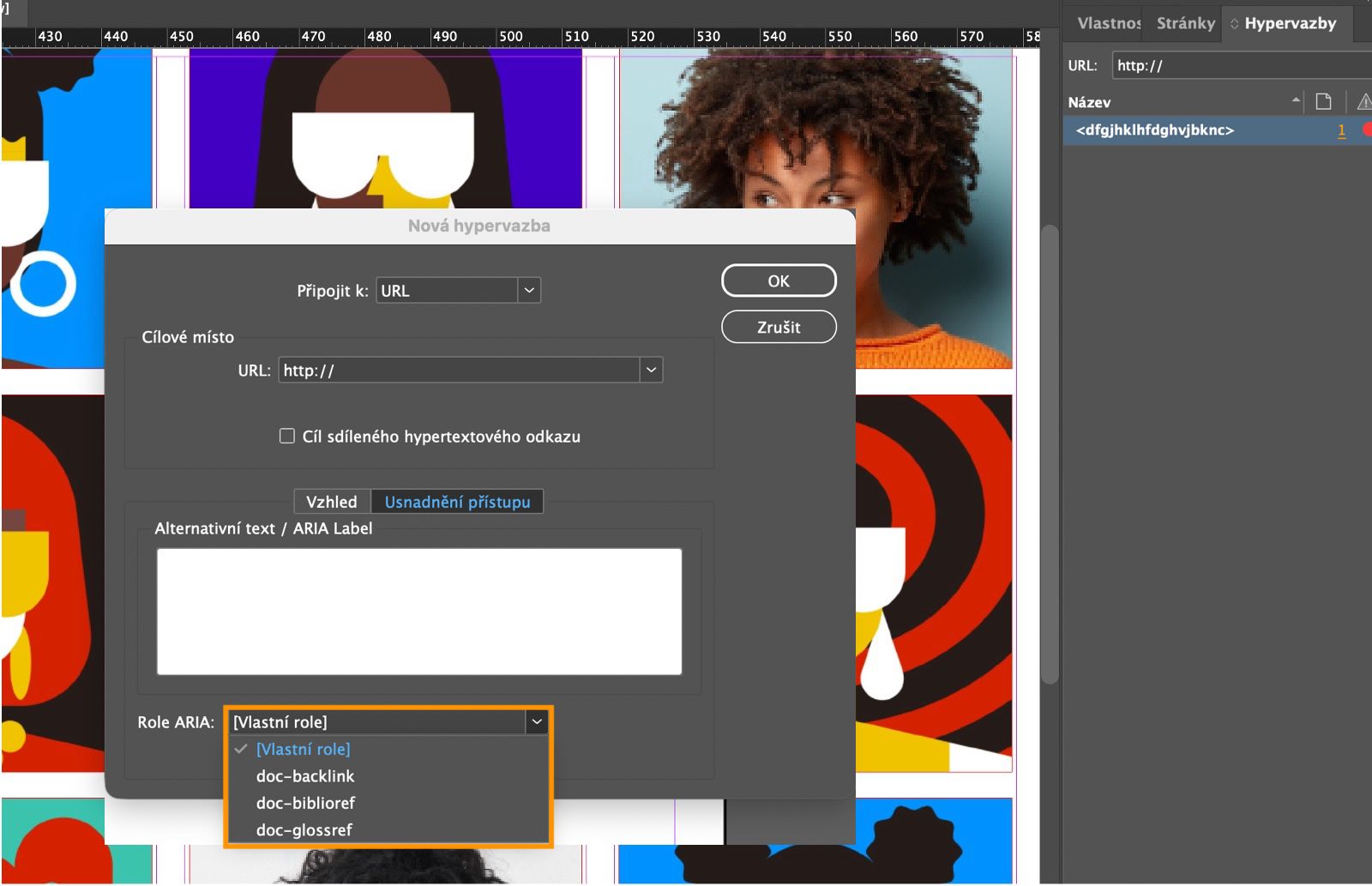 Snímek obrazovky zobrazující dialogové okno Nový hypertextový odkaz se zvýrazněnými možnostmi rozevírací nabídky Role ARIA.