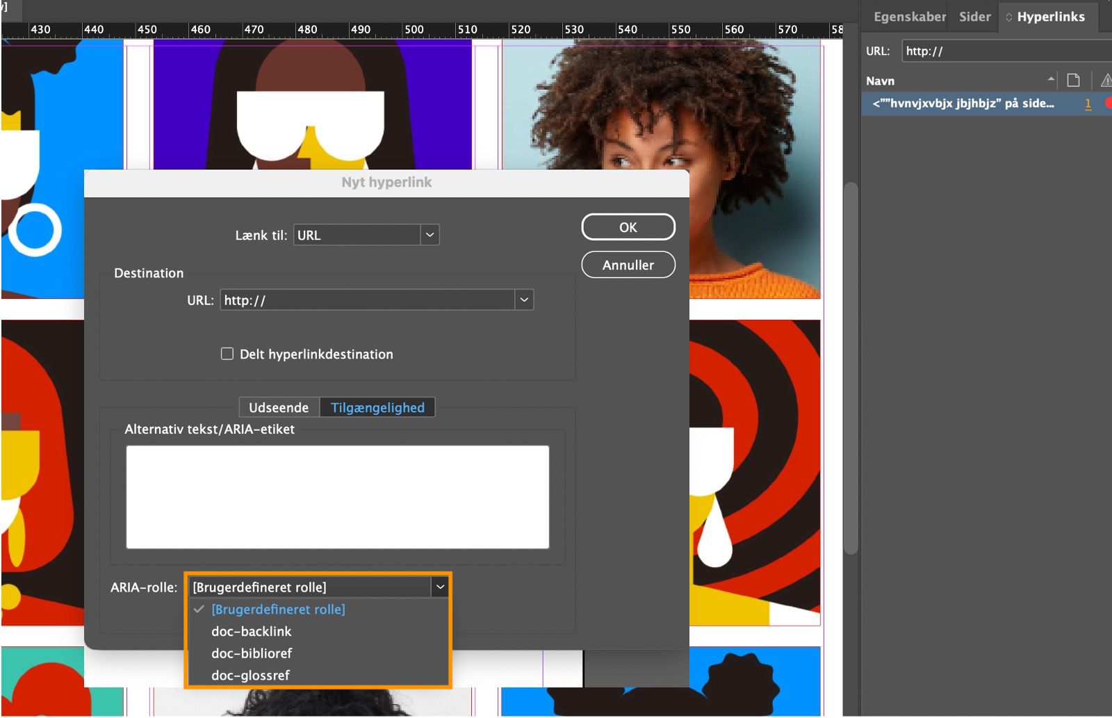 Et skærmbillede, der viser dialogboksen Nyt hyperlink med rullemenuen ARIA-rolle fremhævet.