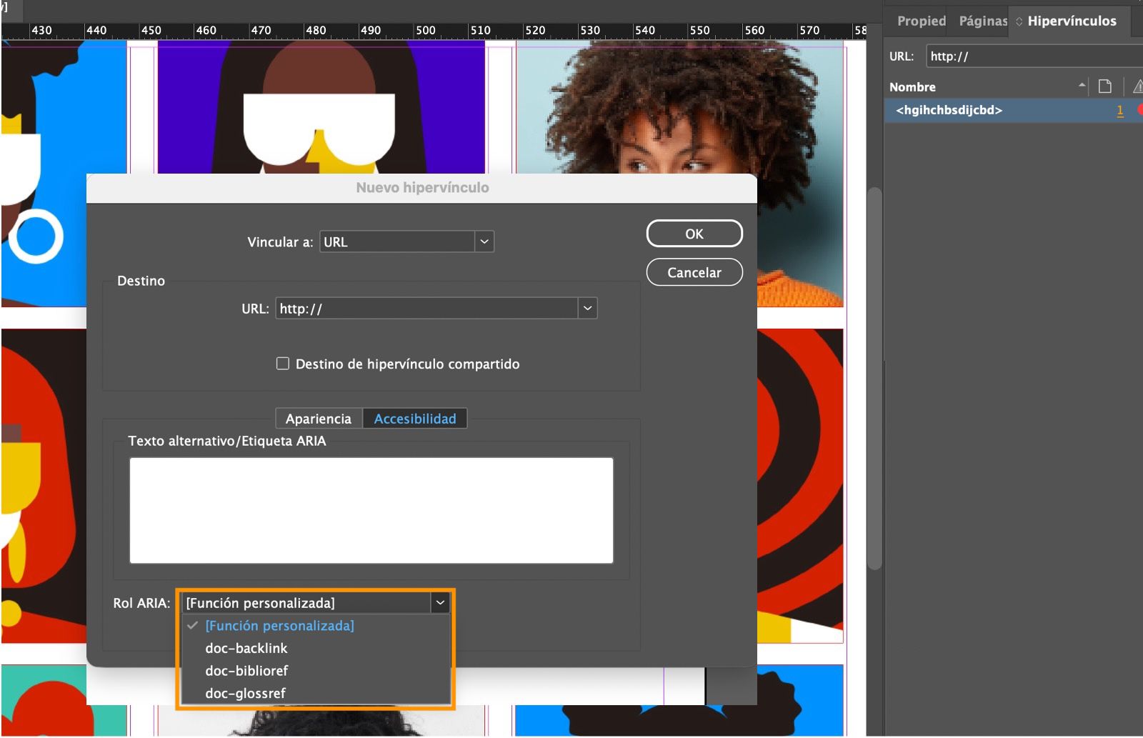 Captura de pantalla que muestra el cuadro de diálogo Nuevo hipervínculo con las opciones del menú desplegable Función ARIA resaltadas.