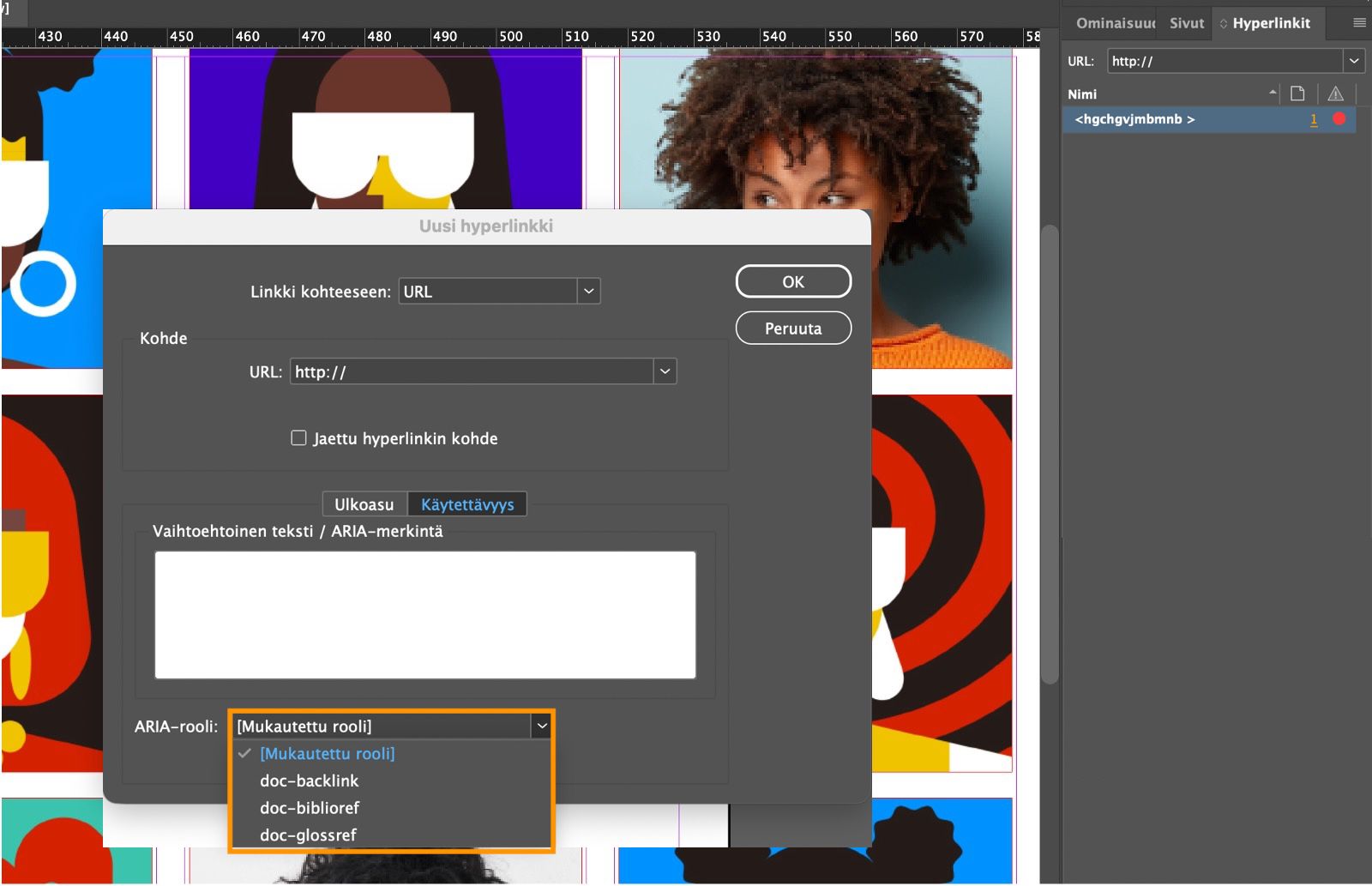 Näyttökuva Uusi hyperlinkki -valintaikkunasta, jossa ARIA-rooli-pudotusvalikon vaihtoehdot on korostettu.