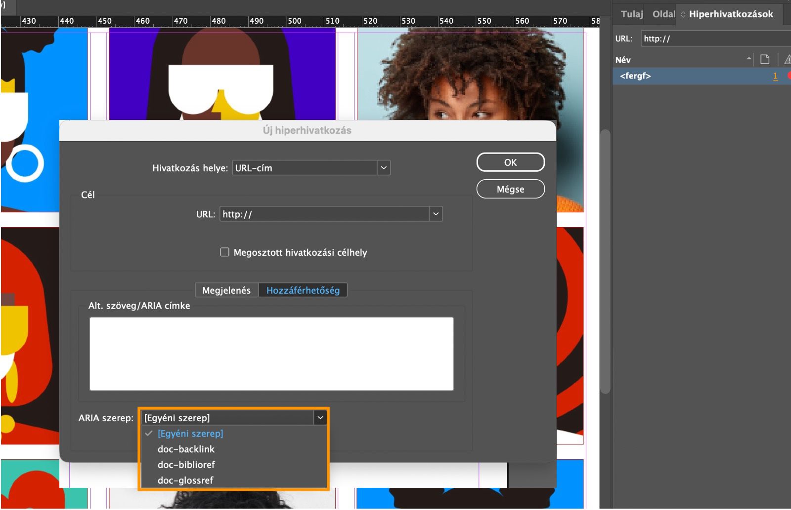 Képernyőkép az Új hiperhivatkozás párbeszédpanelről, amelyen az ARIA szerepkör legördülő menü lehetőségei ki vannak emelve.