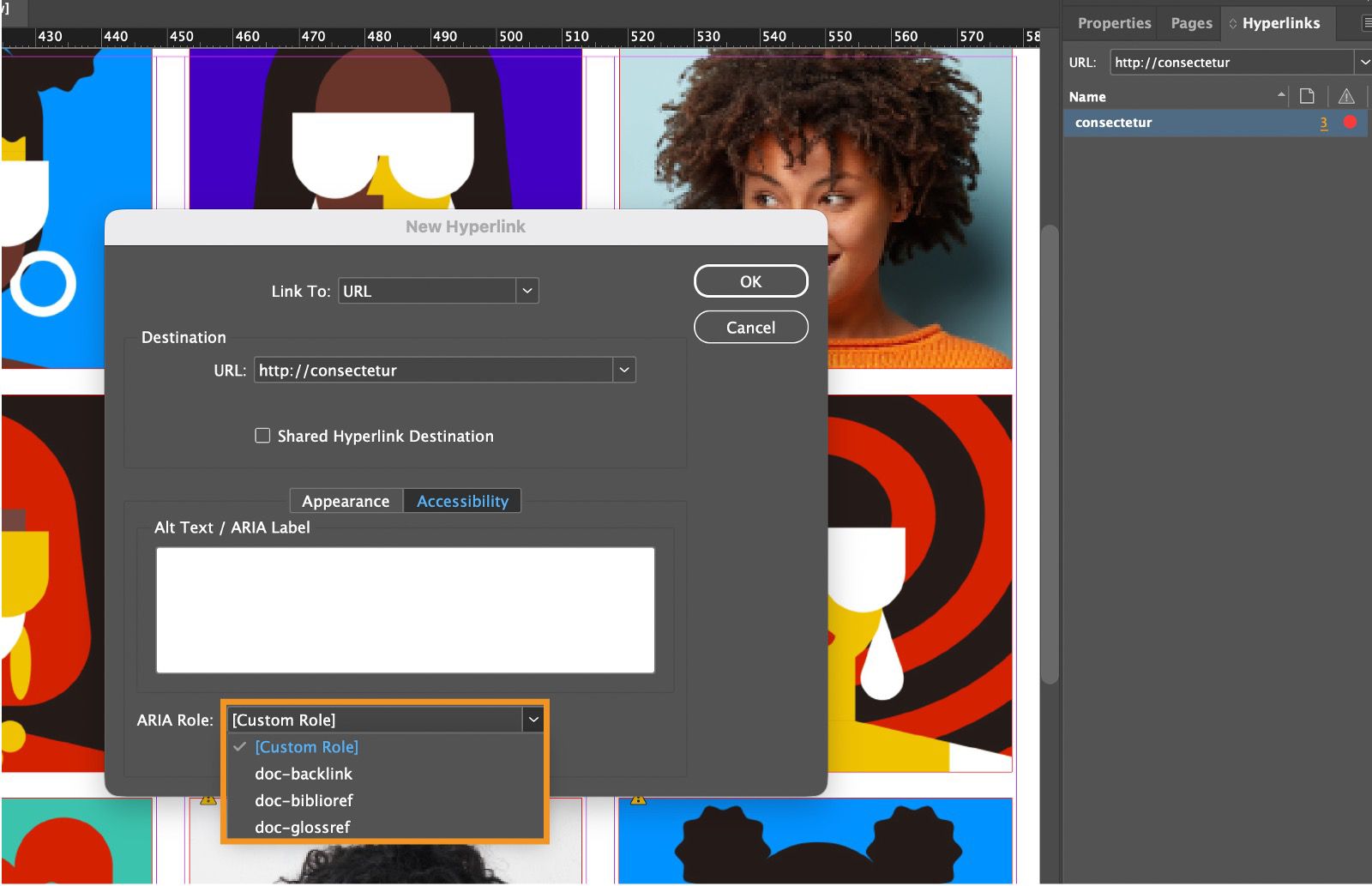 A screenshot showing the New Hyperlink dialog with the ARIA Role dropdown options highlighted.