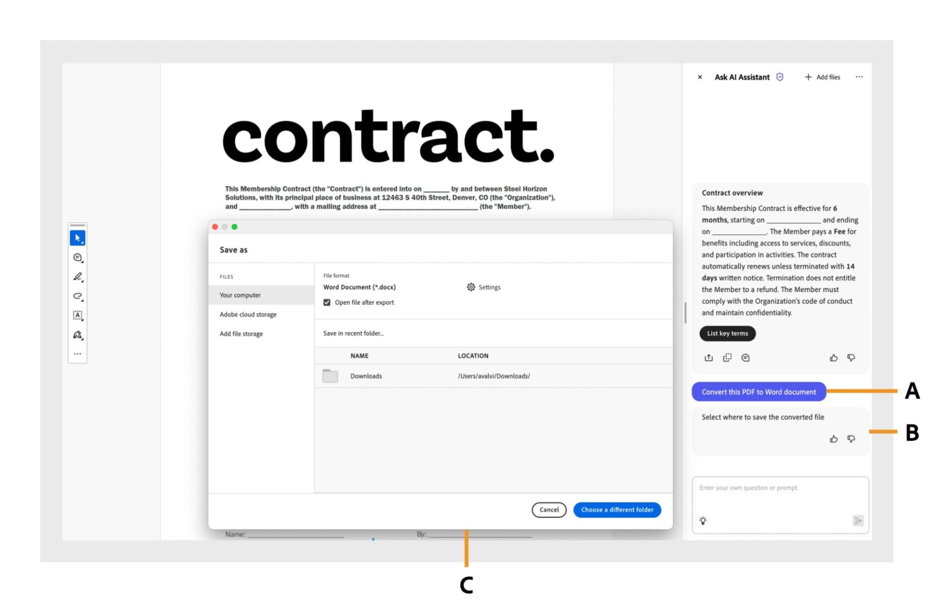 El panel de ayuda impulsado por IA está abierto. El panel muestra la consulta realizada por el usuario y la acción automática realizada por Acrobat para completar la tarea. 