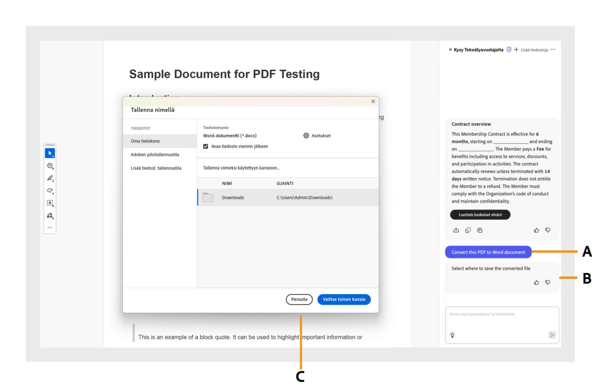 Tekoälyllä toimiva ohjepaneeli on auki. Paneelissa näkyy käyttäjän esittämä kysely ja Acrobatin automaattisesti suorittama toiminto tehtävän suorittamiseksi. 