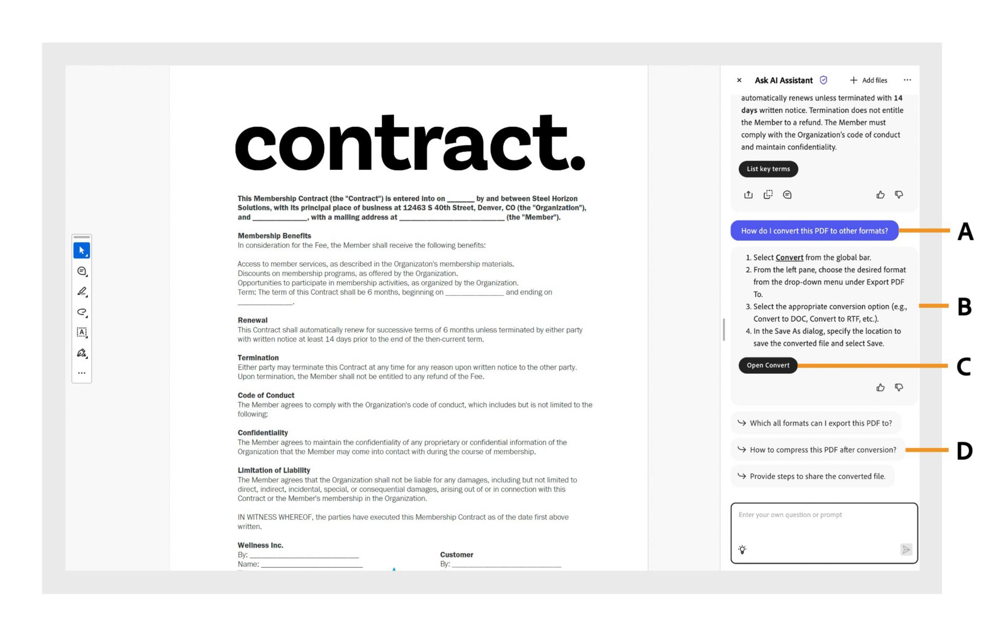 Bukas ang AI-powered na help panel. Ipinapakita ng panel ang tanong na itinanong ng user kasama ang mga madaling tagubilin, quick-access link at mga iminumungkahing tanong para makumpleto ang gawain. 