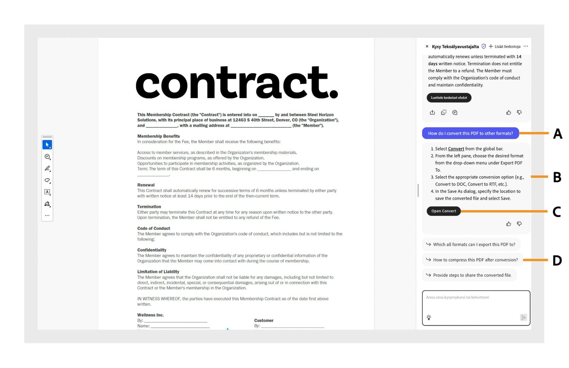 Tekoälyllä toimiva ohjepaneeli on auki. Paneelissa näkyy käyttäjän esittämä kysely sekä helpot ohjeet, pikakäyttölinkit ja ehdotetut kysymykset tehtävän suorittamiseksi. 