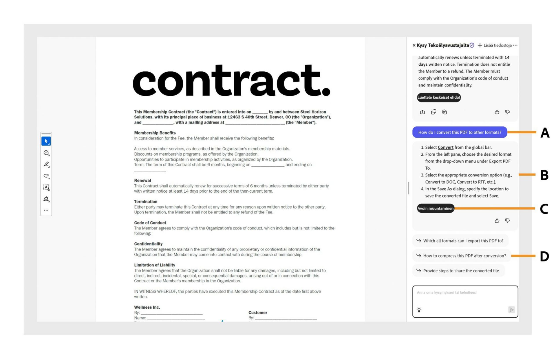 Tekoälyllä toimiva ohjepaneeli on auki. Paneelissa näkyy käyttäjän esittämä kysely sekä helpot ohjeet, pikakäyttölinkit ja ehdotetut kysymykset tehtävän suorittamiseksi. 